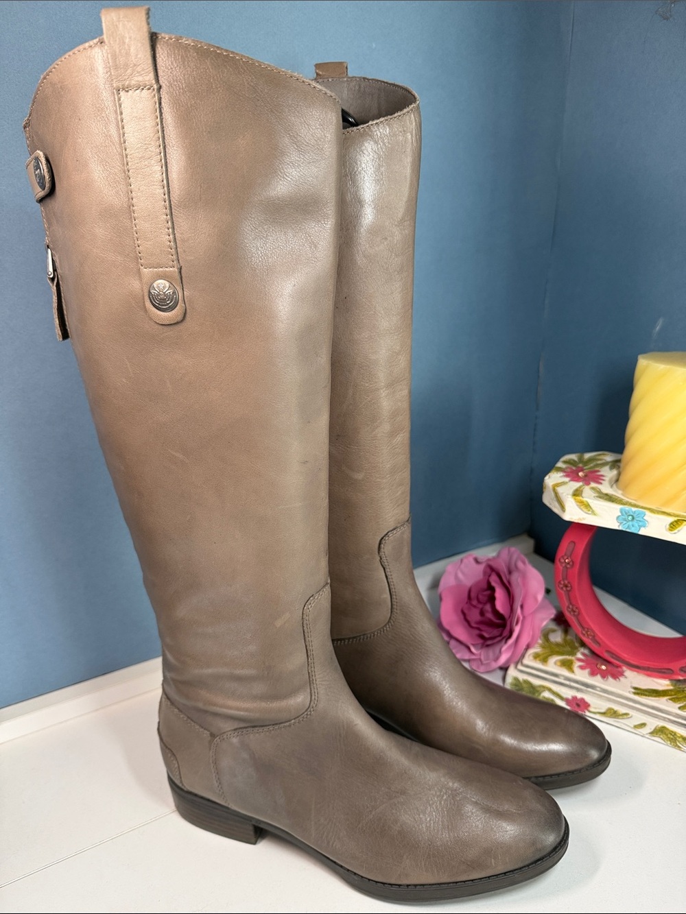 Sam Edelman Grey Taupe Leather Riding Boots - 7.5